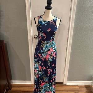 Elegant Floral Maxi Dress - Navy and Pink